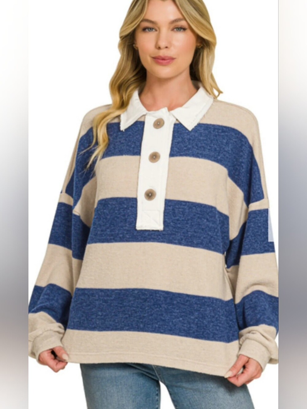 Zenana Brushed Striped Hacci Polo Sweater NWT L